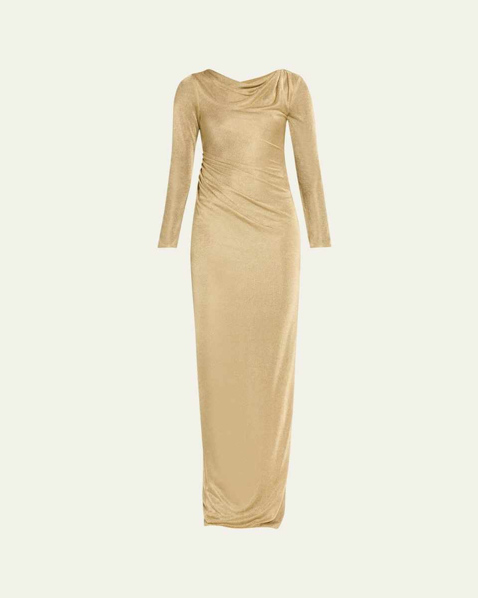 Metallic Jersey Cowl-Neck Long-Sleeve Gown